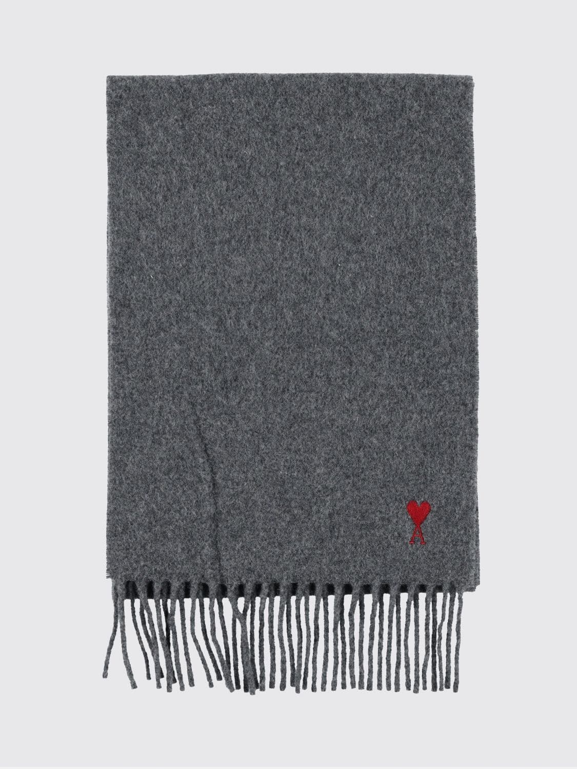 Ami Paris Wool Scarf with Embroidered Logo and Fringed Edges