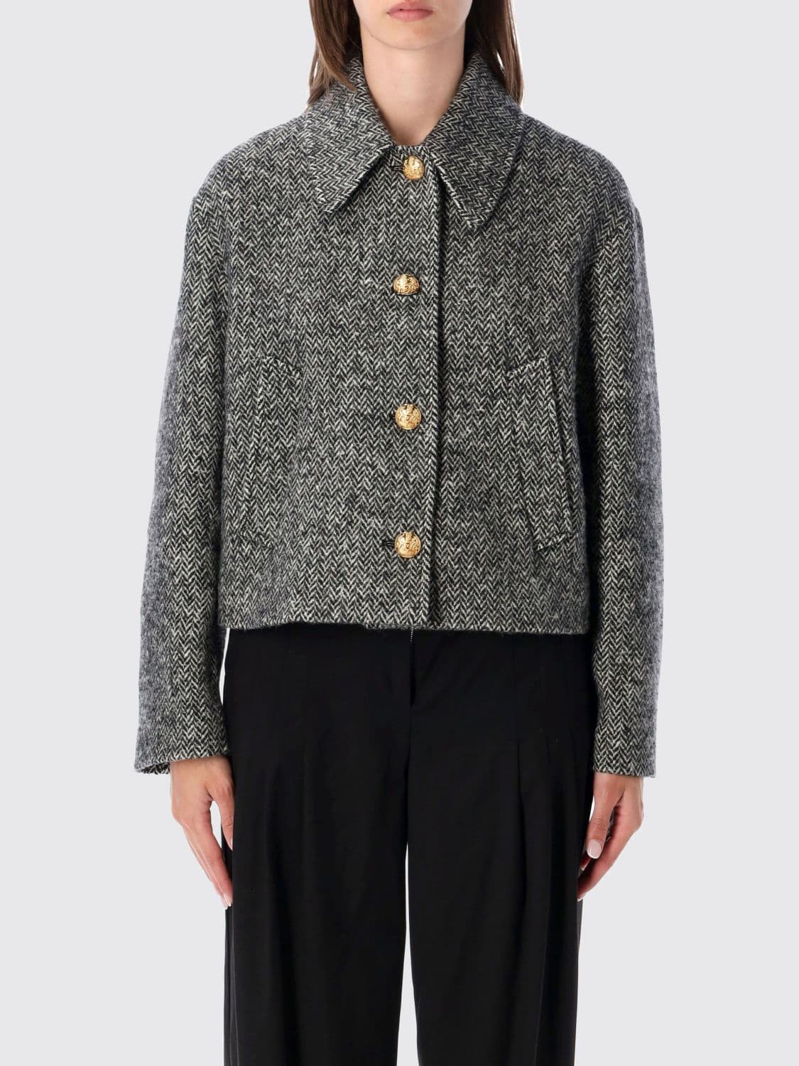 Valentino Garavani Single-Breasted Cropped Coat in Chevron Virgin Wool