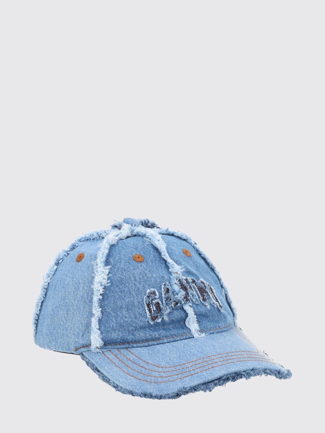 Ganni Frayed Hem Embroidered Logo Cotton Denim Baseball Cap