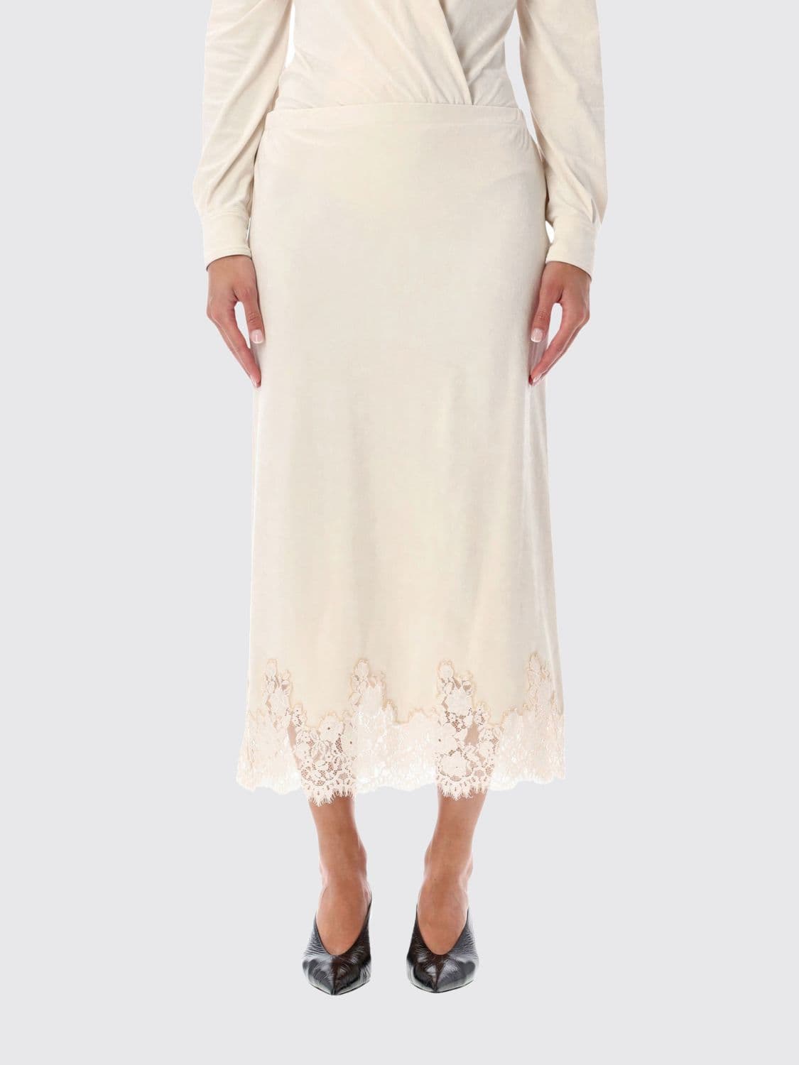 Alberta Ferretti Midi Skirt in Crêpe with an Elasticated Waist and Lace Inserts · 40