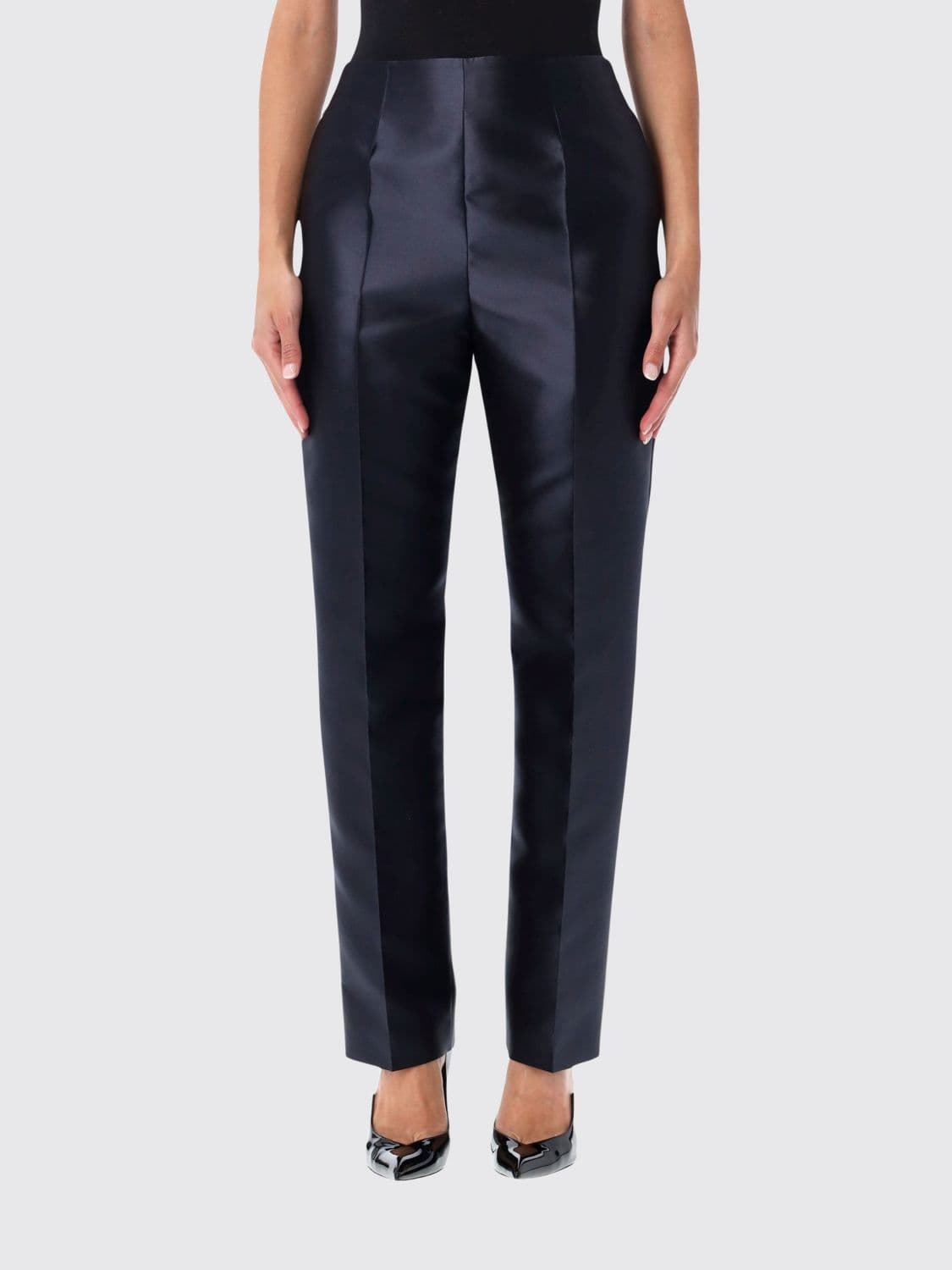 Alberta Ferretti High-Waisted Skinny Satin Trousers with Side Zip Closure