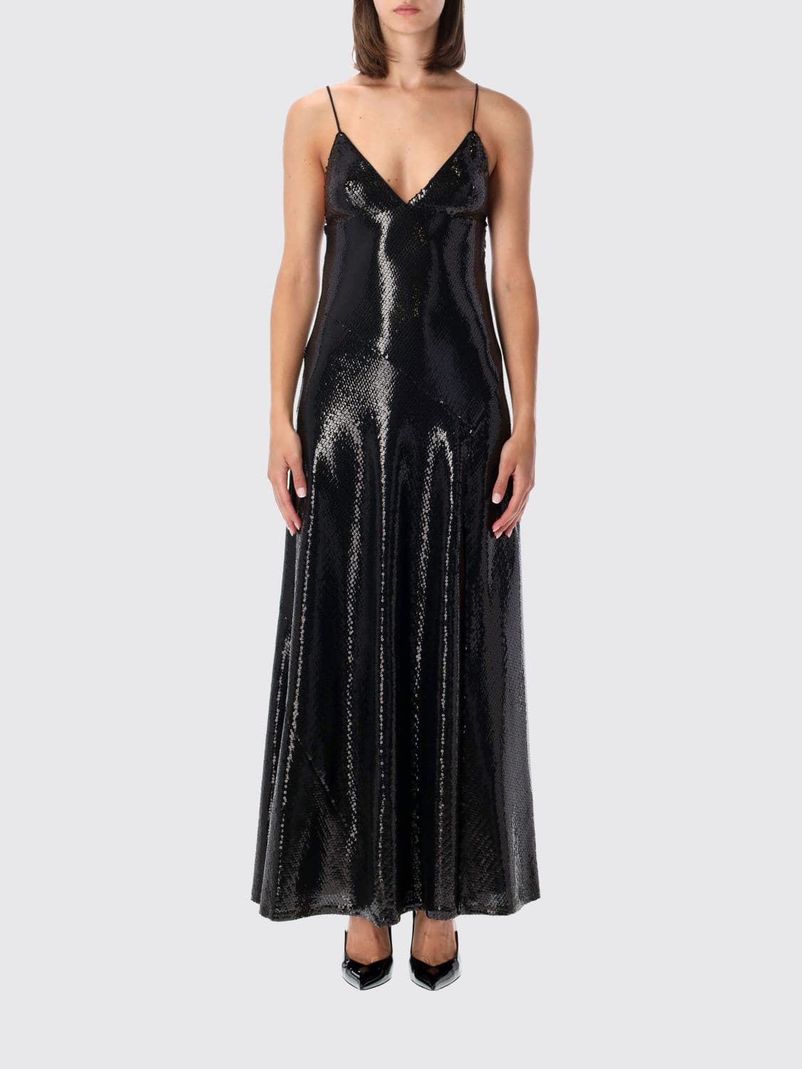 Alberta Ferretti Long V-Neck Evening Gown with Embroidered Sequins
