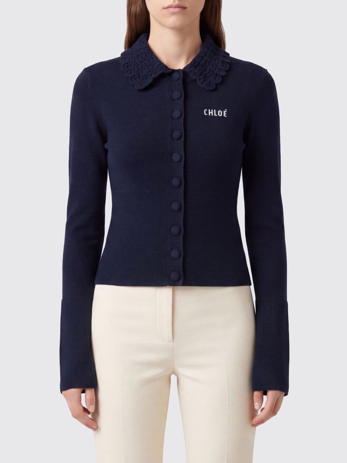 Chloé Slim Fit Wool Polo Cardigan with Contrasting Logo