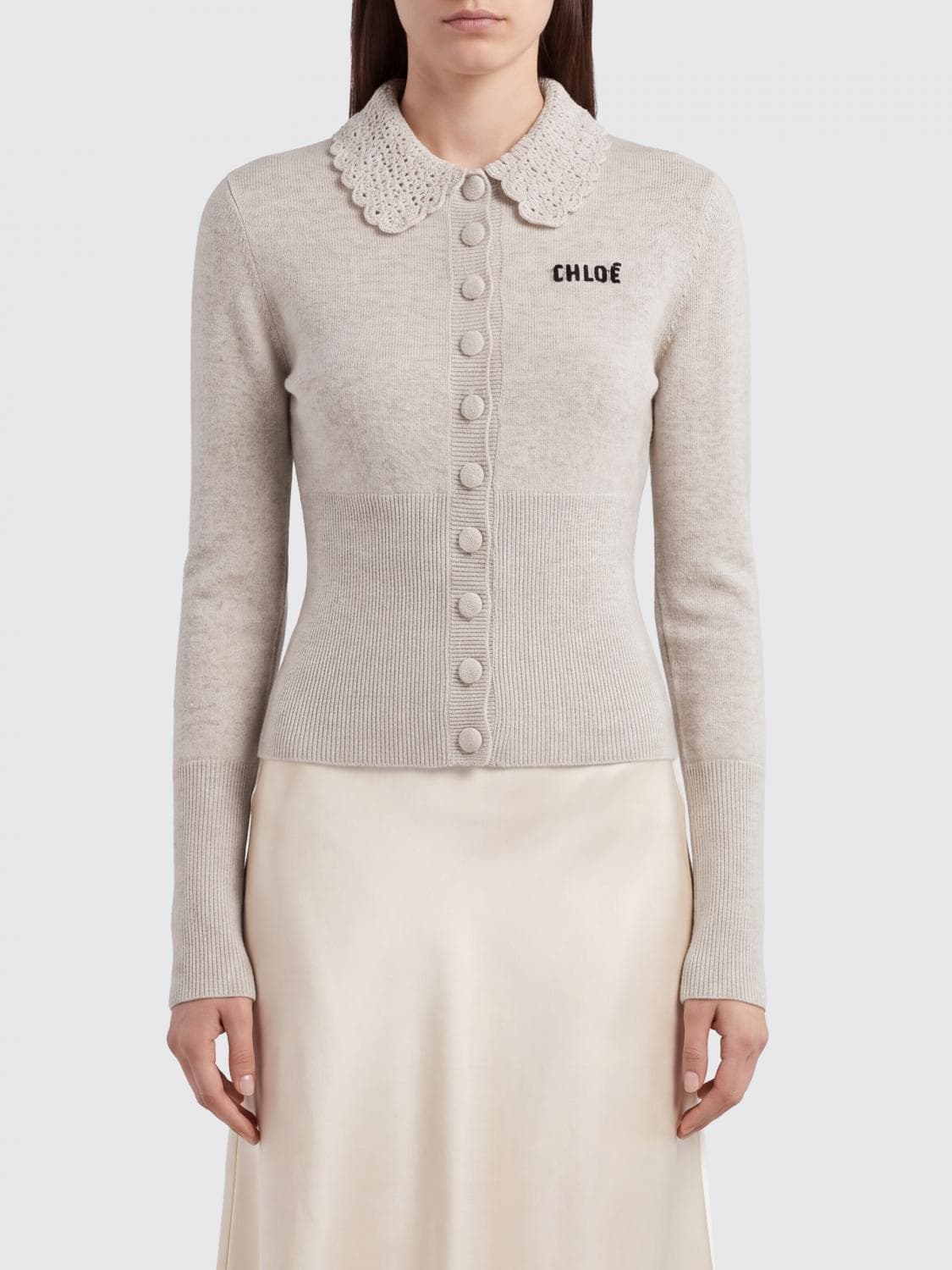 Chloé Slim Fit Wool Polo Cardigan with Contrasting Logo