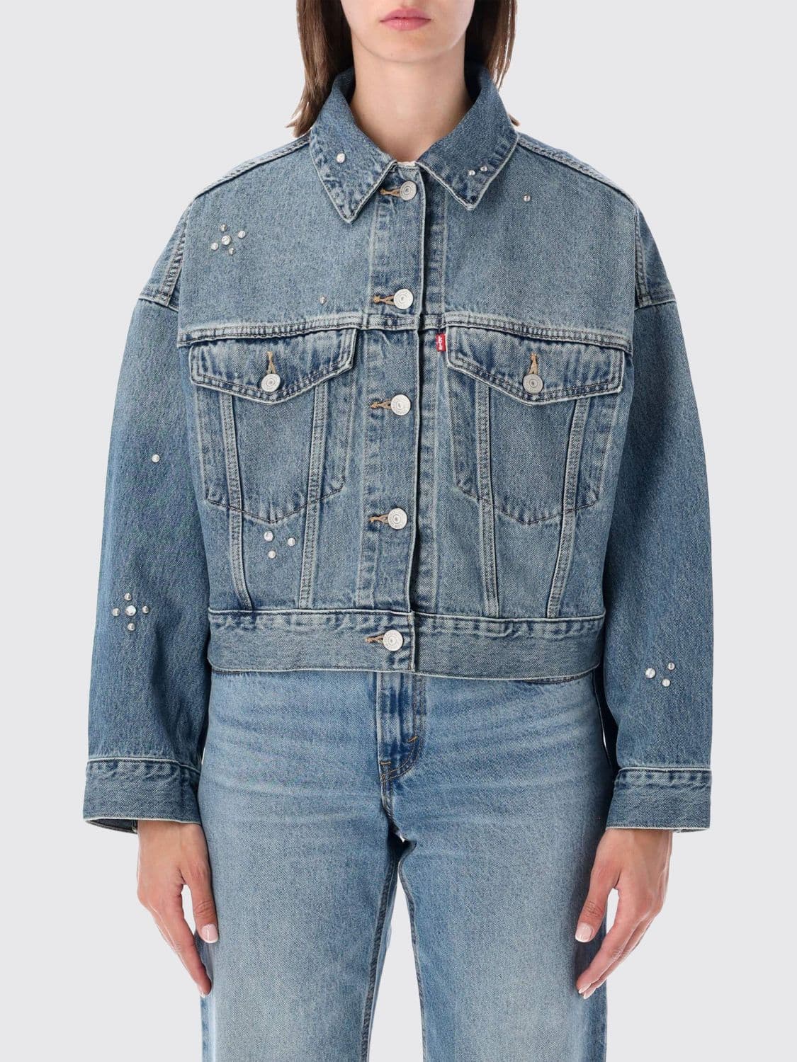Levi's Cropped Fit Denim Jacket with Crystal Embellishment and Balloon Sleeves