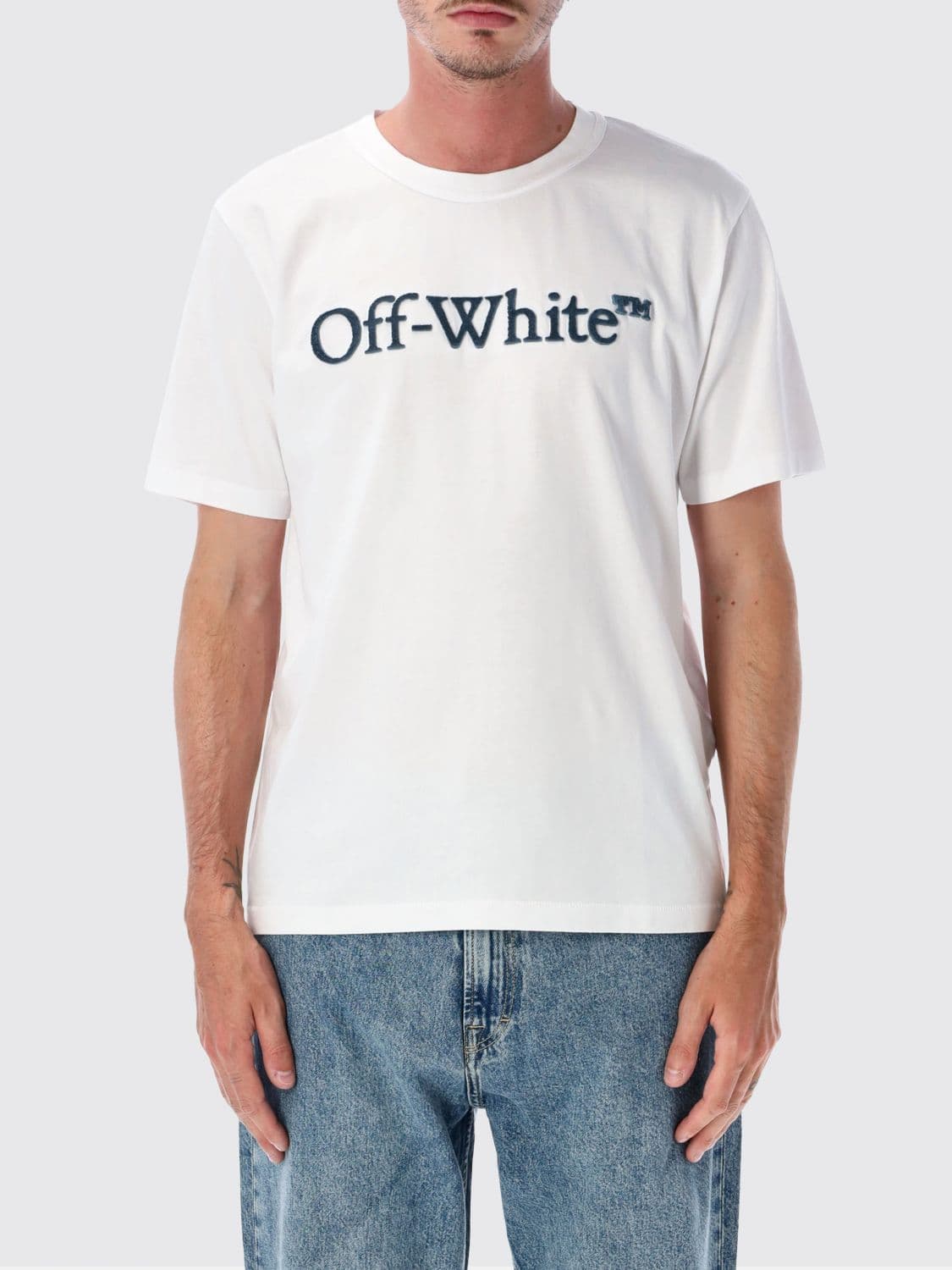 Off-White Short-Sleeved Cotton T-Shirt with Contrasting Logo Print