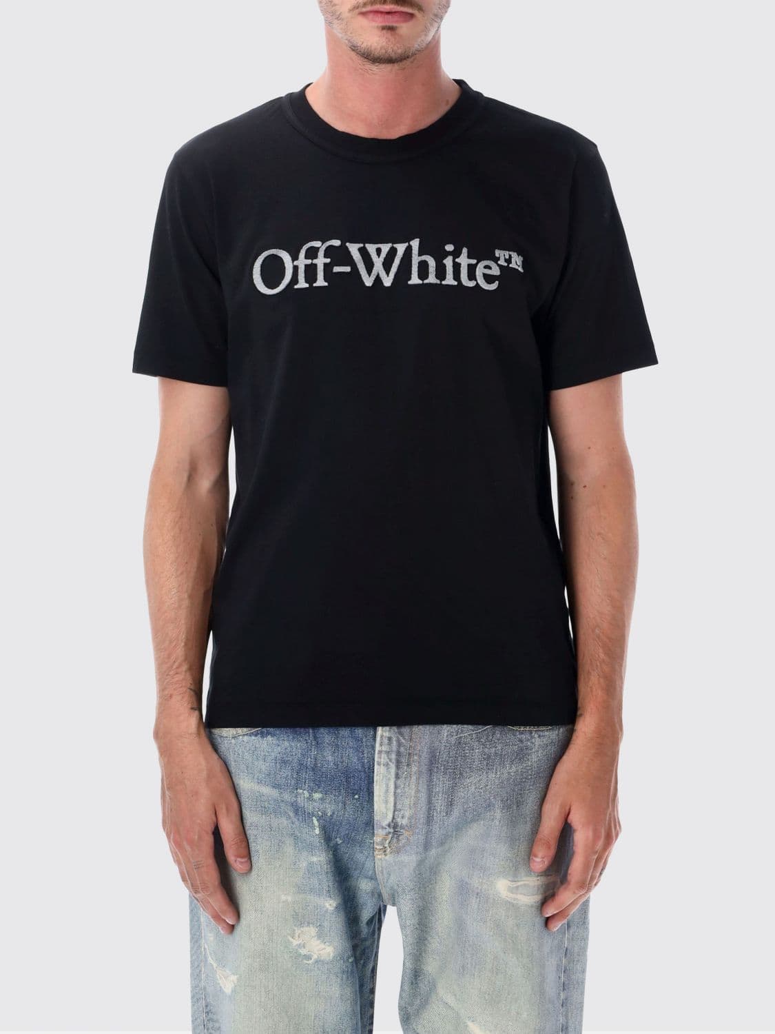 Off-White Short-Sleeved Cotton T-Shirt with Contrasting Logo Print