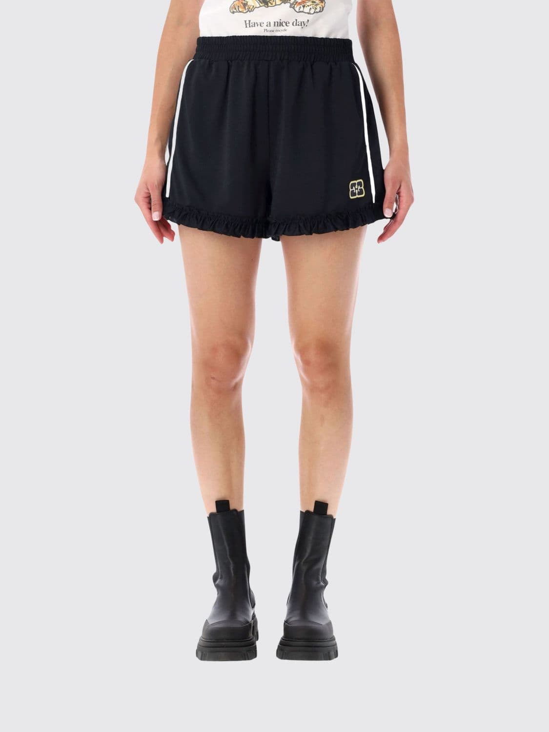 Ganni High-Waisted Recycled Tech Fabric Shorts with Contrast Logo