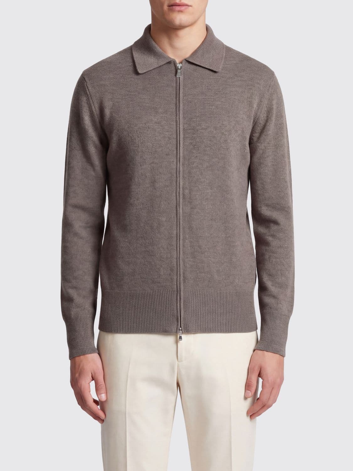 Eleventy Long-Sleeved Wool Polo Cardigan with Zip Closure