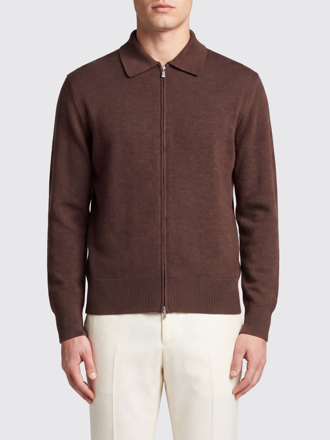 Eleventy Long-Sleeved Wool Polo Cardigan with Zip Closure