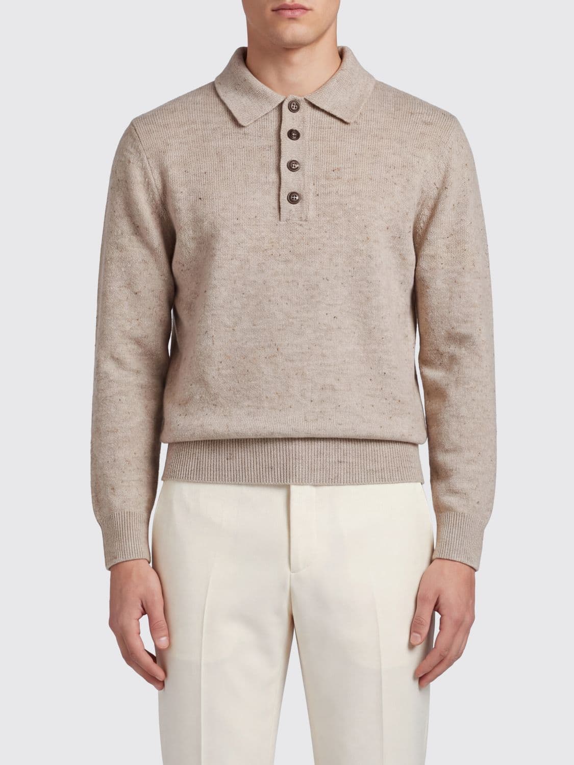 Eleventy Long-Sleeved Knitted Wool Polo Shirt with Ribbed Collar