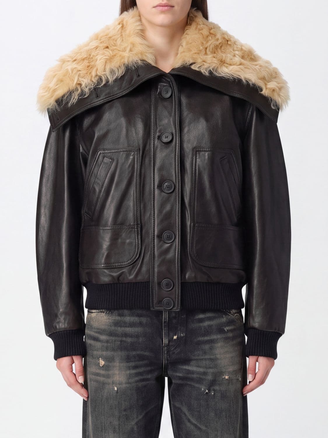 The Attico Relaxed Fit Shearling Bomber Jacket with Fur Collar