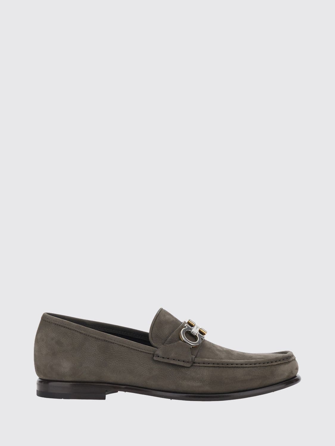 Ferragamo Nubuck Leather Penny Loafers with Metallic Gancini Logo