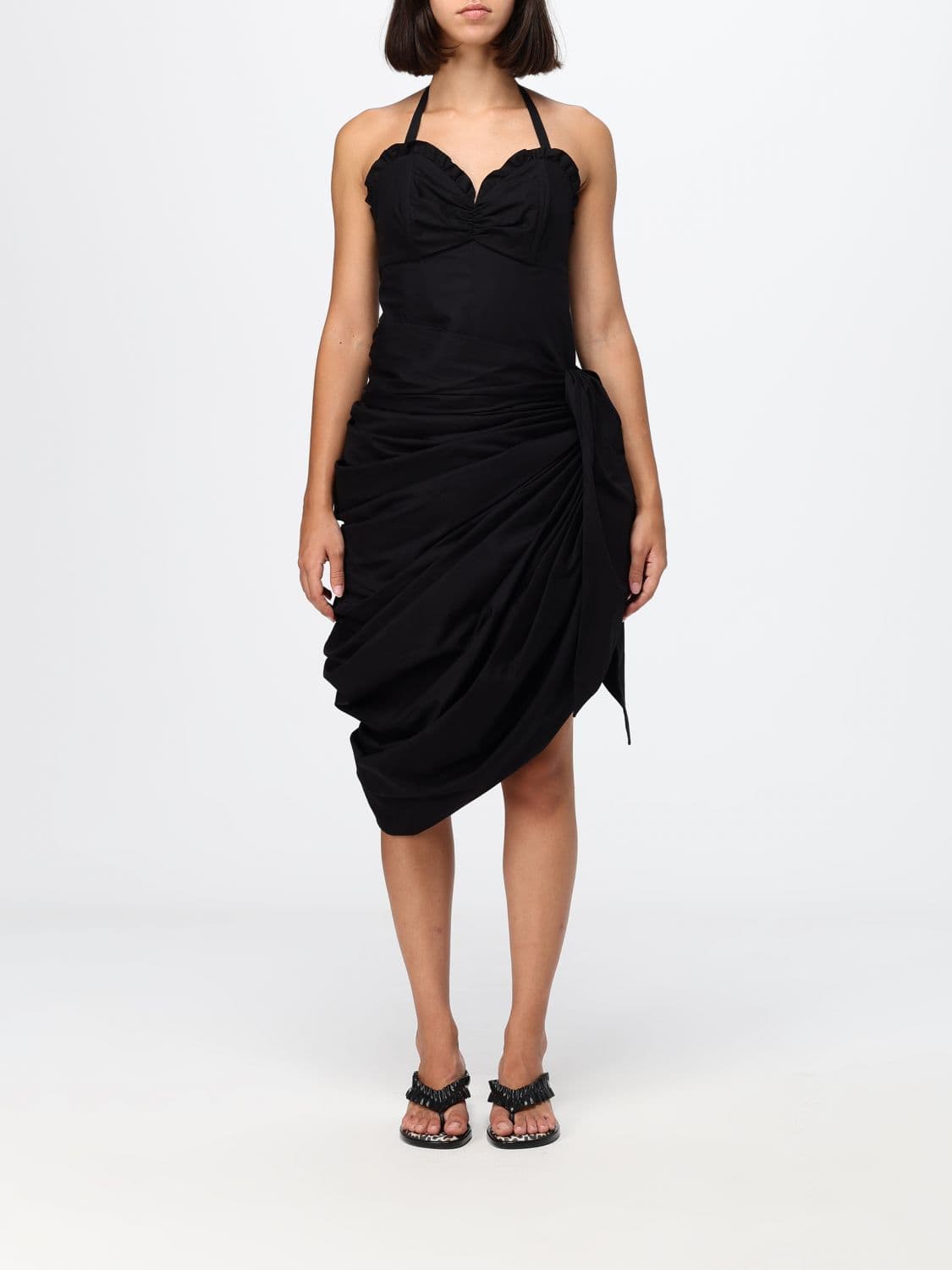 Chloé Asymmetric Draped Midi Dress in Cotton with Sweetheart Neckline
