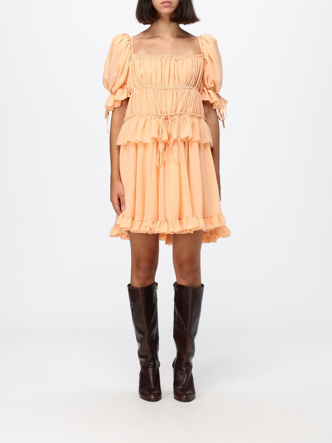 Chloé A-Line Silk Mini Dress with Square Neckline and Puff Sleeves