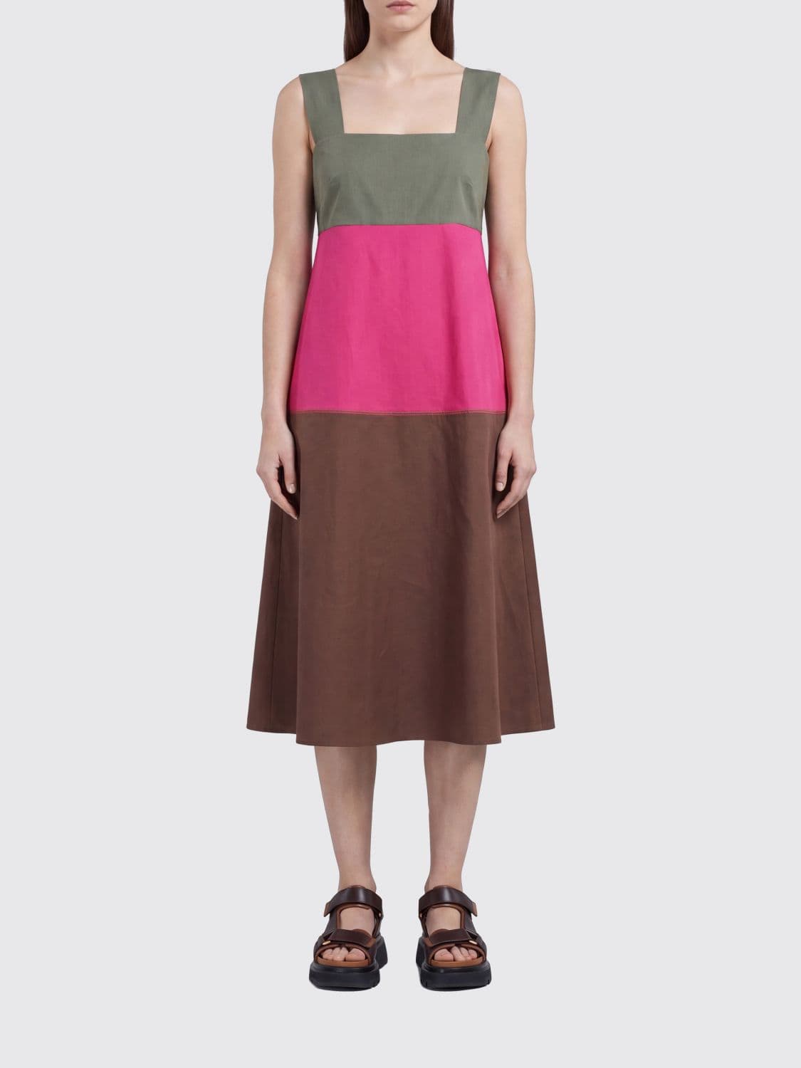 Marni Flared Abstract Print Ramie and Viscose Midi Dress with Square Neck