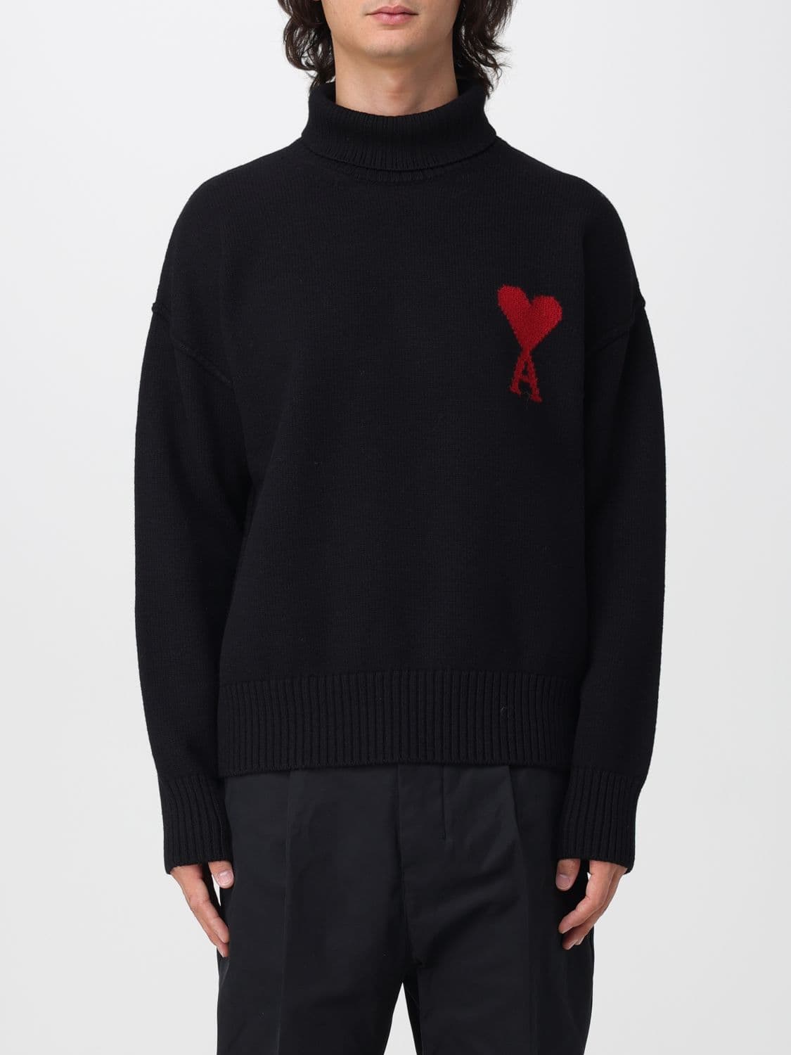 Ami Paris Wool Turtleneck Jumper with Jacquard Logo and Dropped Shoulders