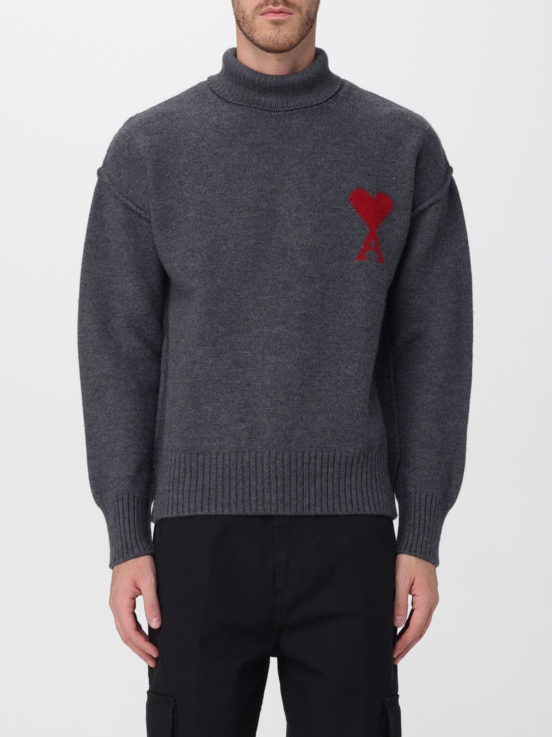 Ami Paris Wool Turtleneck Jumper with Jacquard Logo and Dropped Shoulders