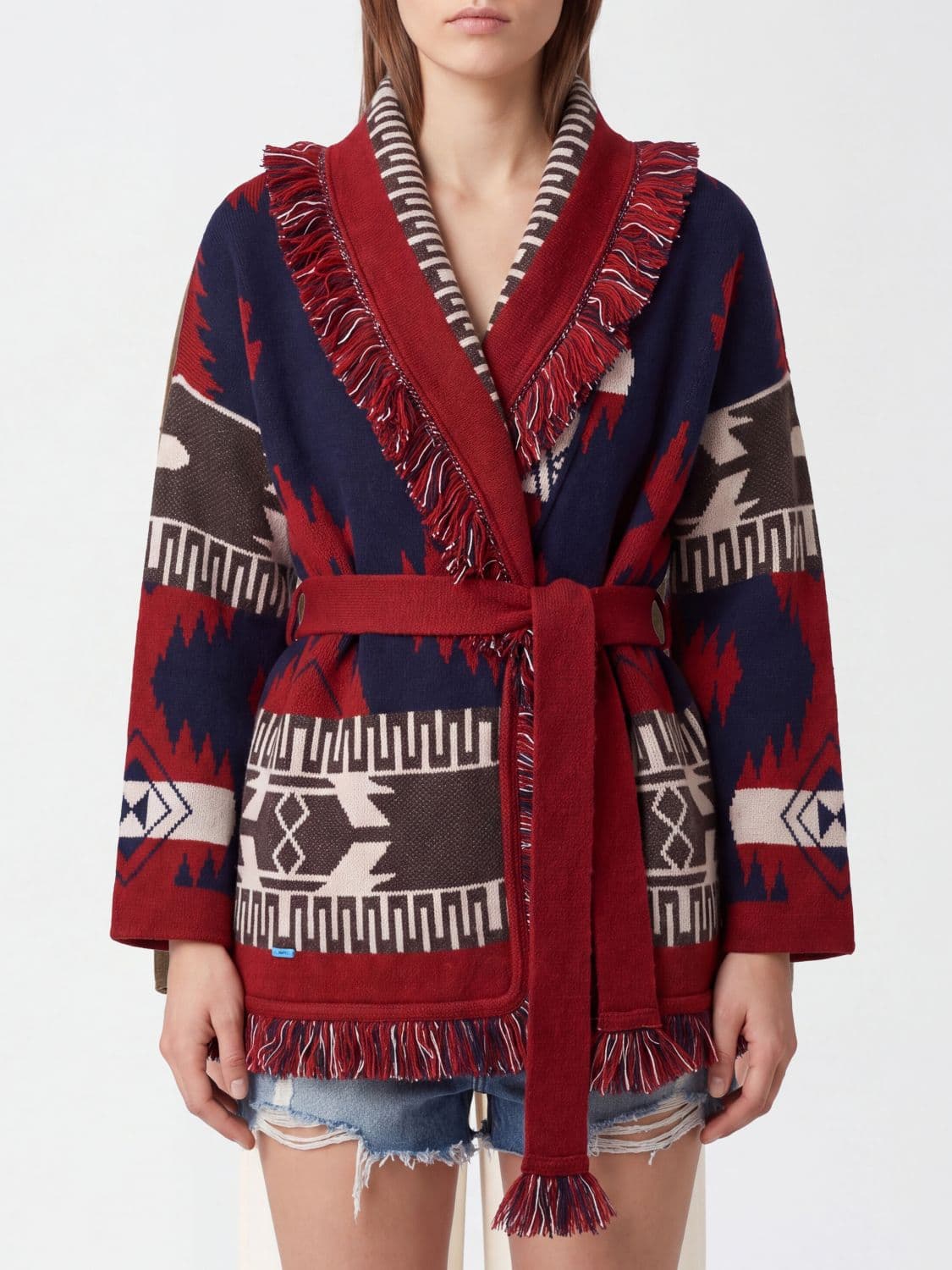 Alanui Robe Cardigan in Cashmere with Ethnic Pattern and Fringes