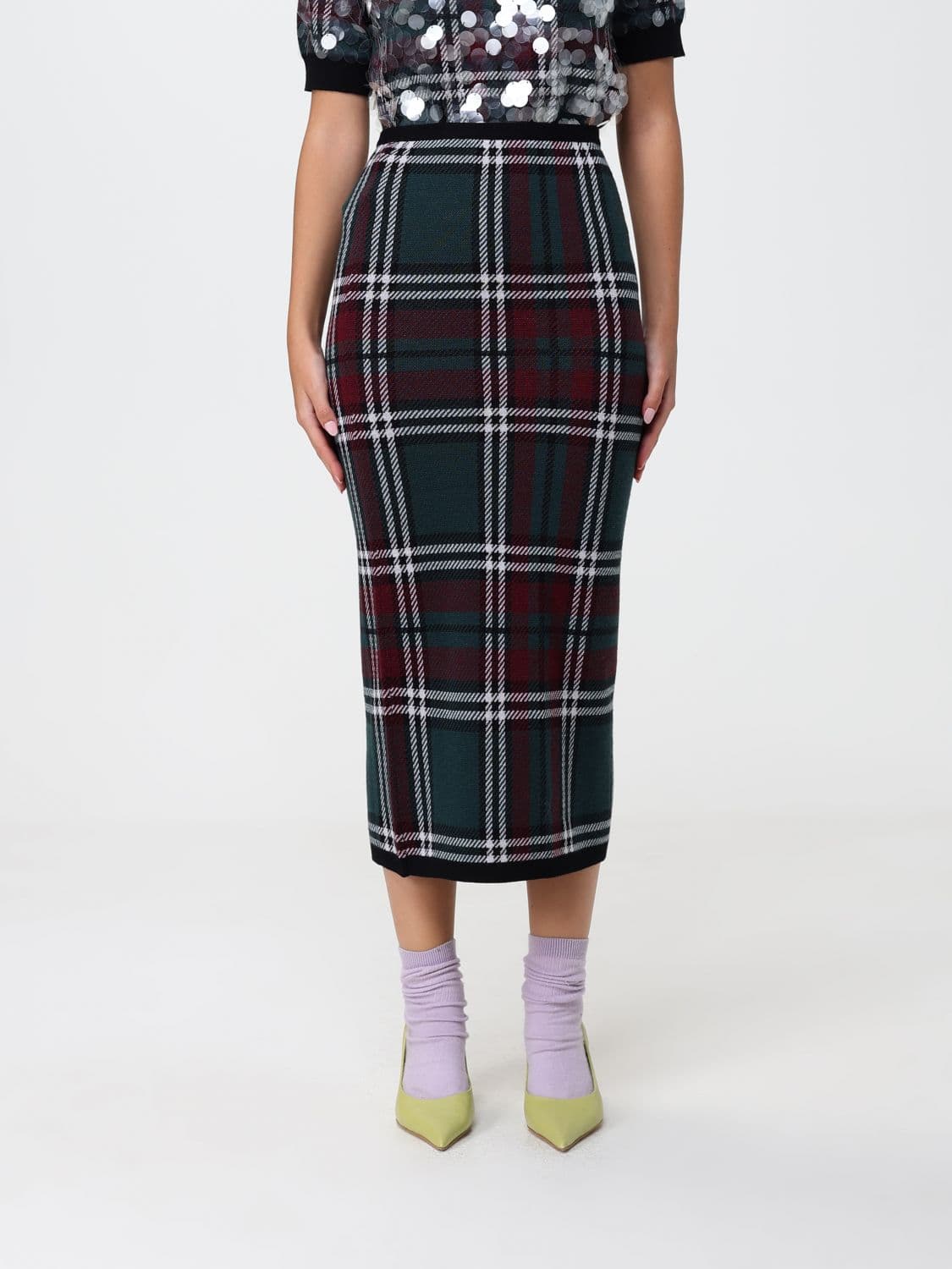 N° 21 Check Virgin Wool Knit Pencil Skirt with High Elasticated Waist