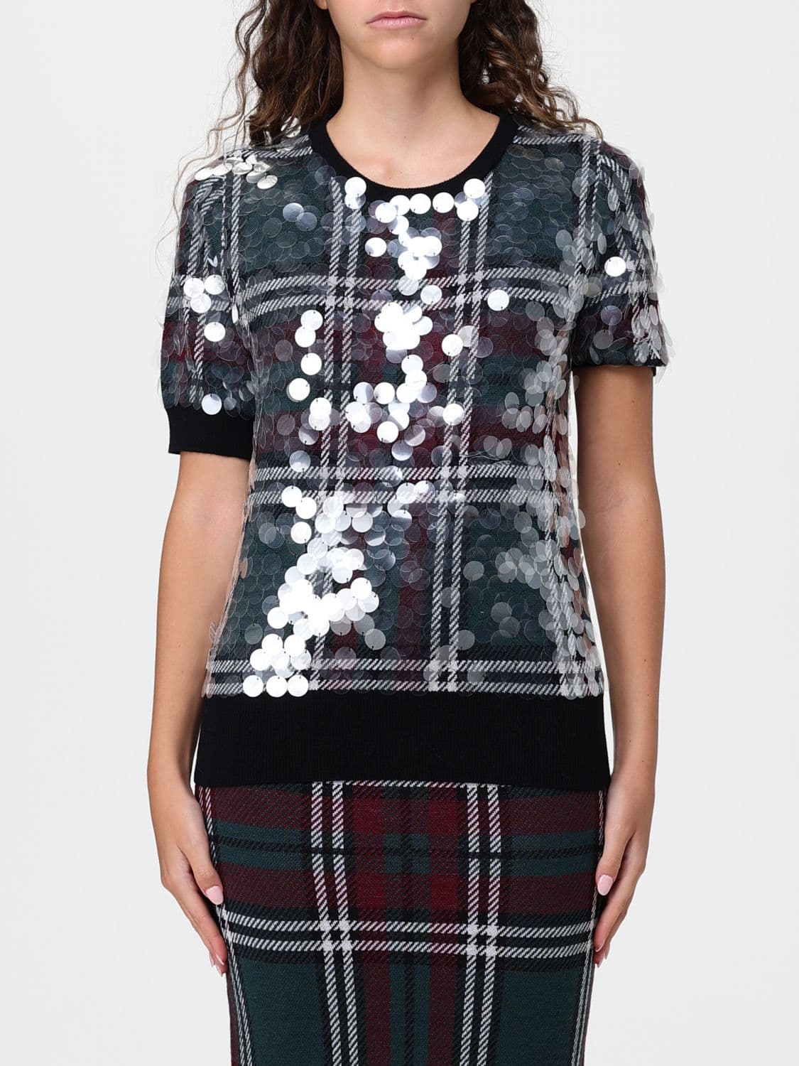 N° 21 Sequin-Embellished Tartan Virgin Wool Knit Top