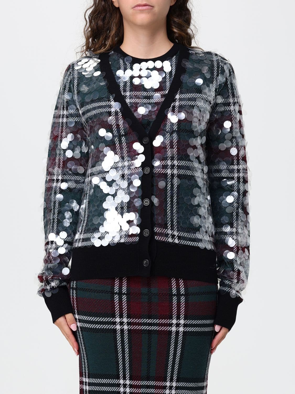 N° 21 V-Neck Tartan Plaid Virgin Wool Cardigan with Embroidery