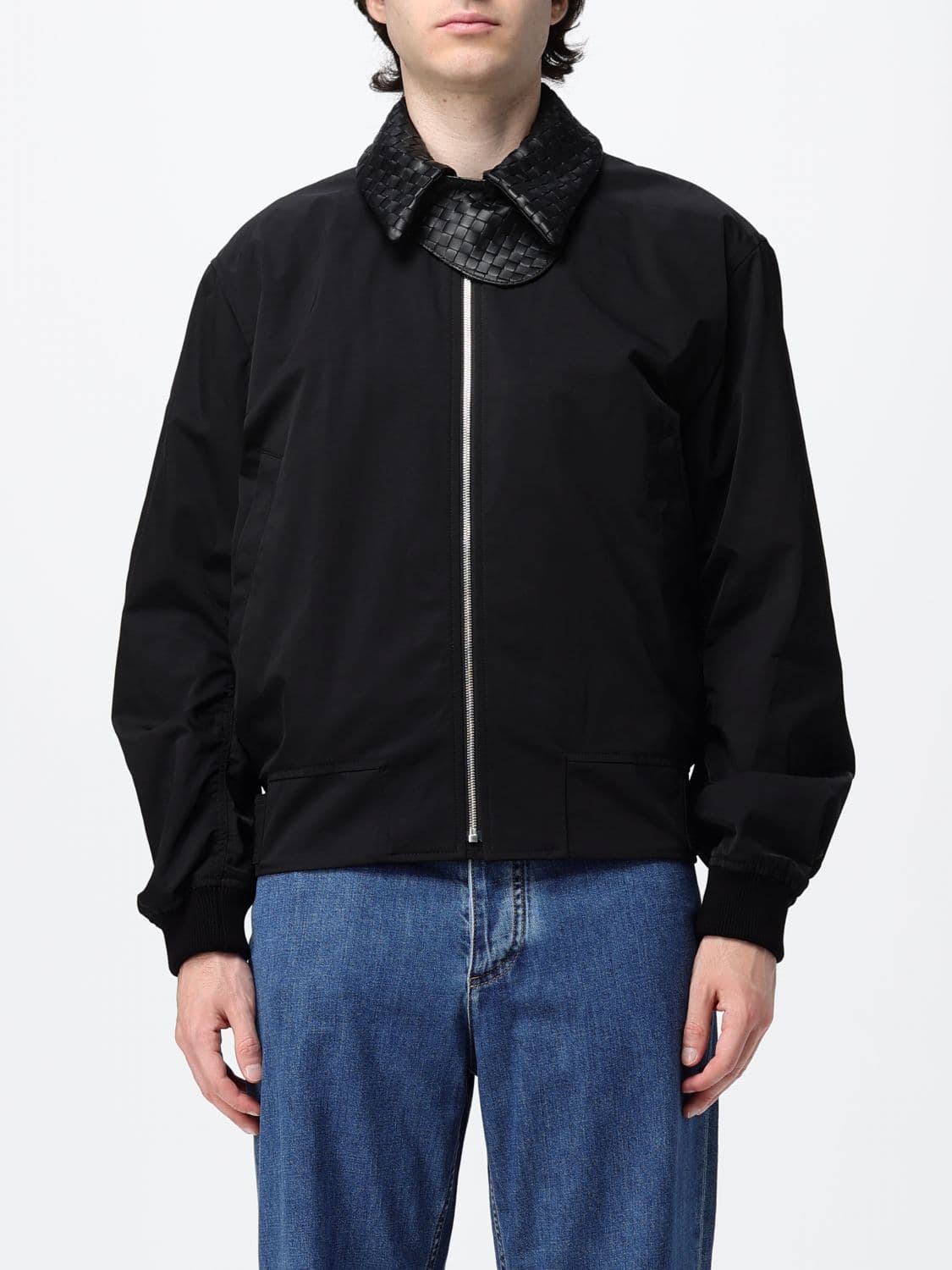 Bottega Veneta Cotton Shirt Jacket with Woven Leather Collar