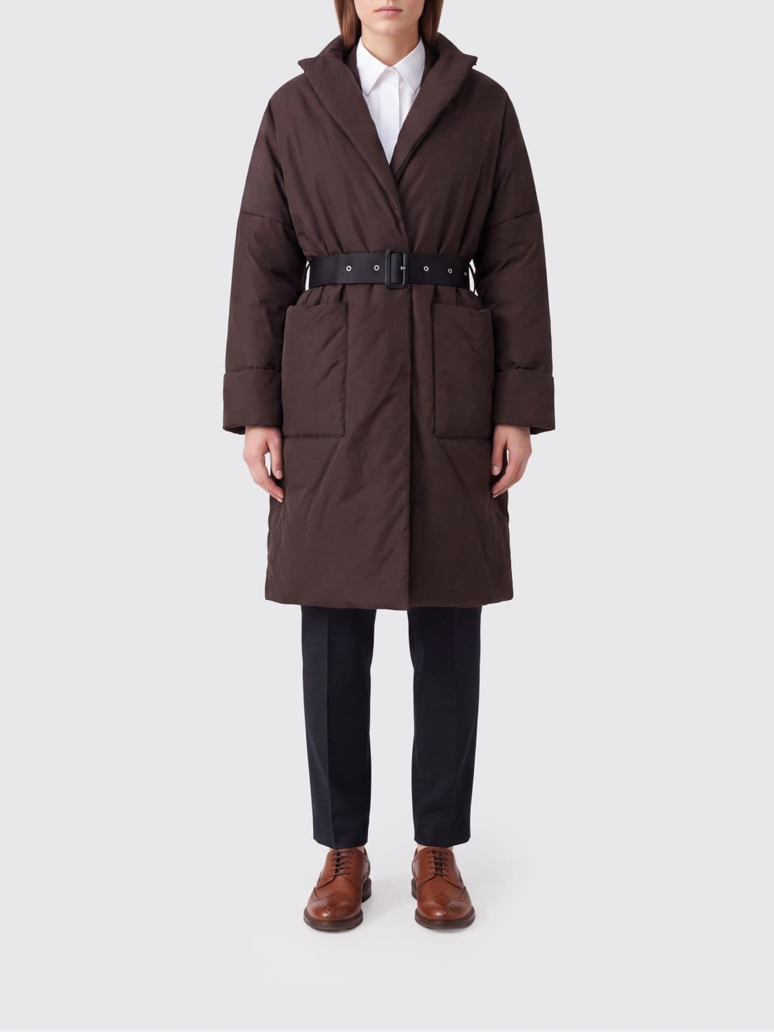 Semicouture Long Quilted Down Jacket with Adjustable Waist Belt
