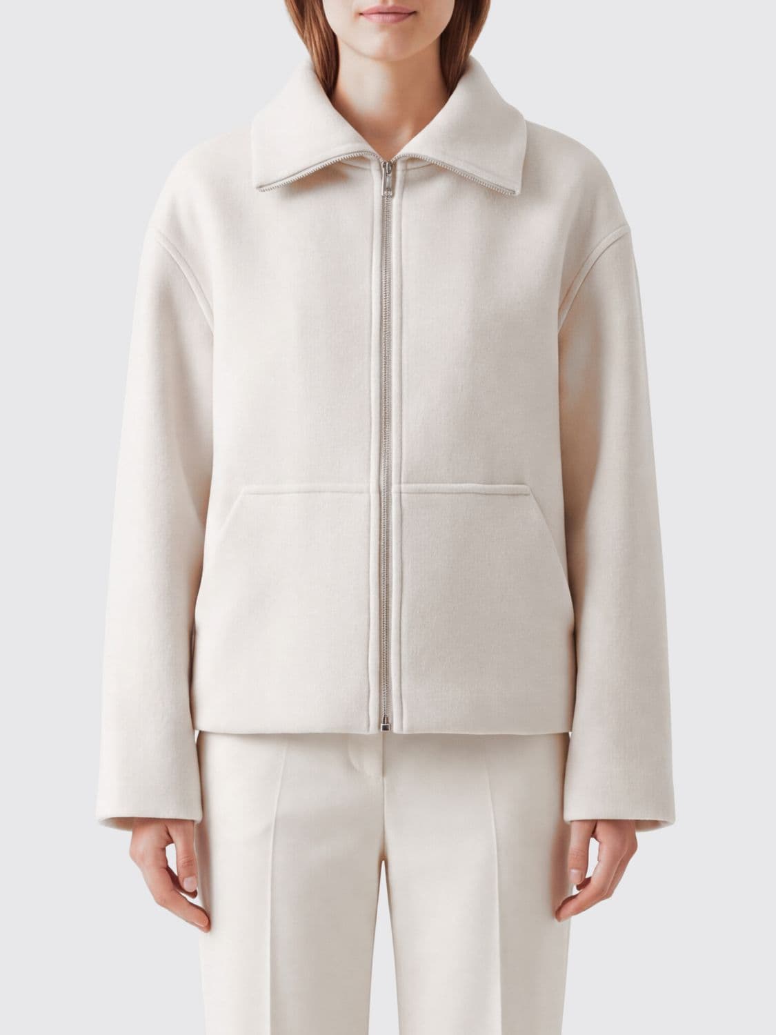 Semicouture Virgin Wool Short Coat with High Collar and Kangaroo Pocket