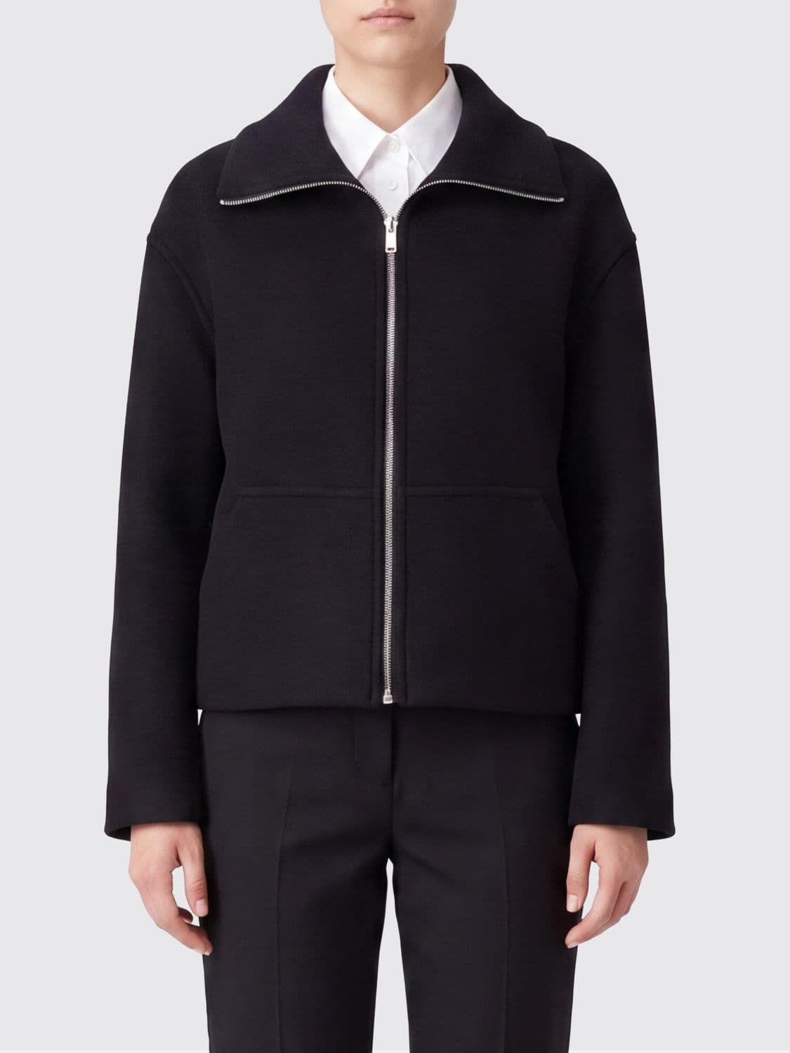 Semicouture Virgin Wool Short Coat with High Collar and Kangaroo Pocket