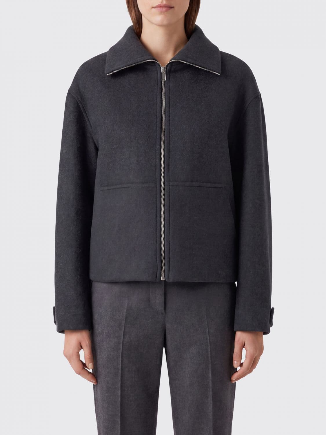 Semicouture Virgin Wool Short Coat with High Collar and Kangaroo Pocket