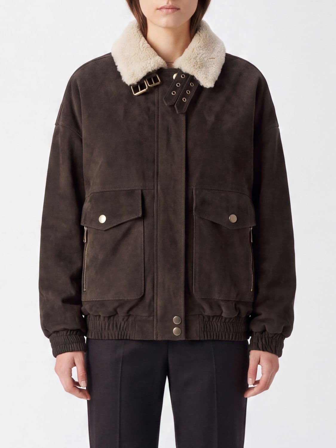Semicouture Suede Leather Jacket with a Fur Collar and a Relaxed Fit