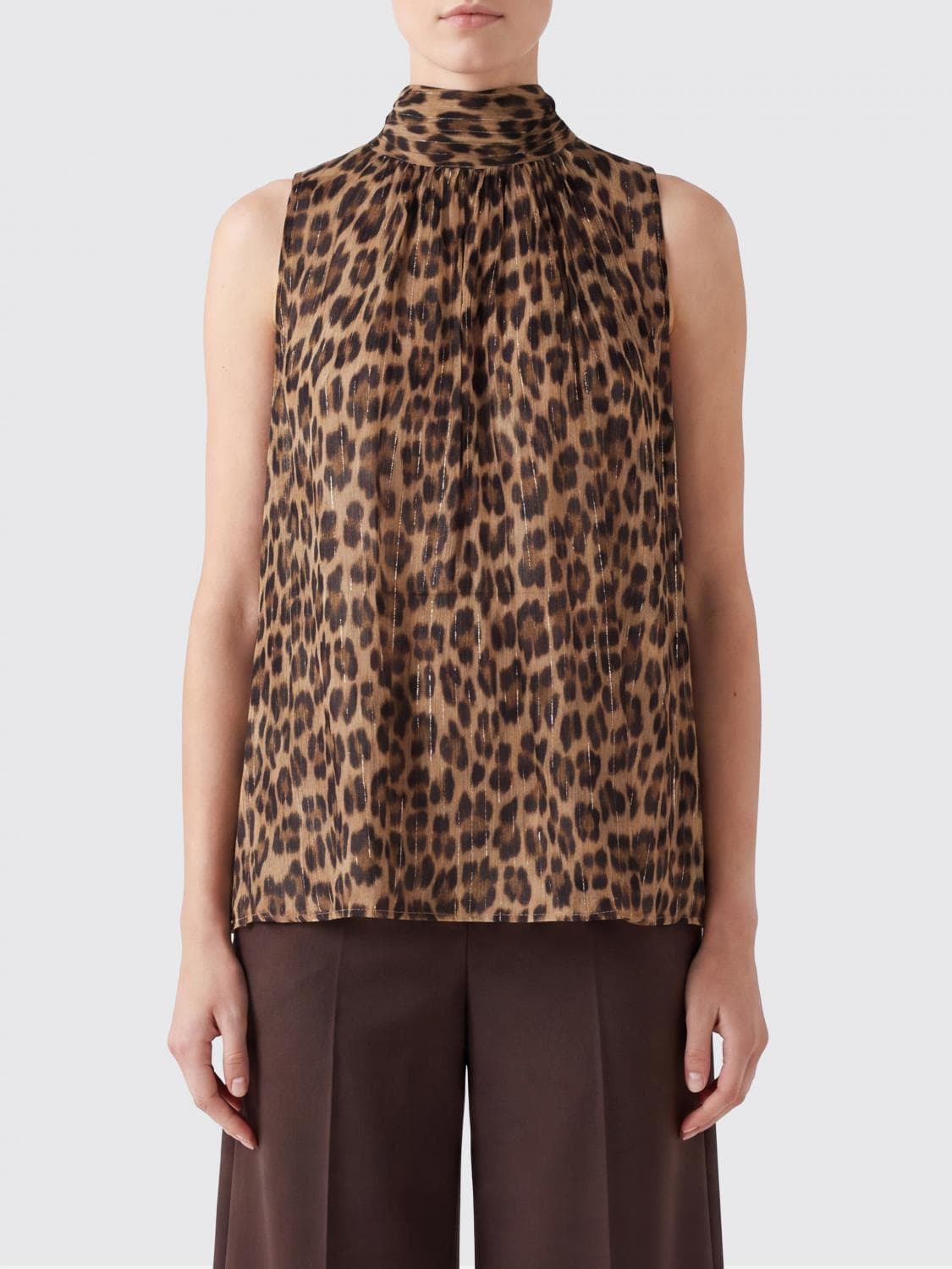 Semicouture Animal Print Silk-Blend Sleeveless Blouse with Scarf Neck