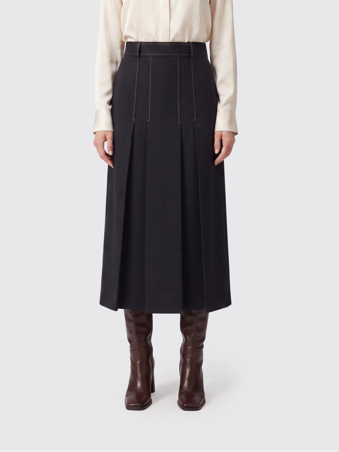 Semicouture Janette Flared Wool-Blend Midi Skirt with Contrast Stitching
