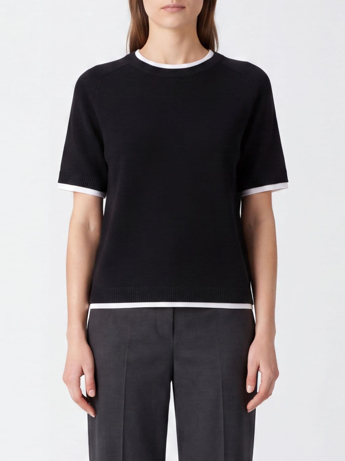 Semicouture Aida Short-Sleeved Wool and Cashmere Jumper with Contrast Trims