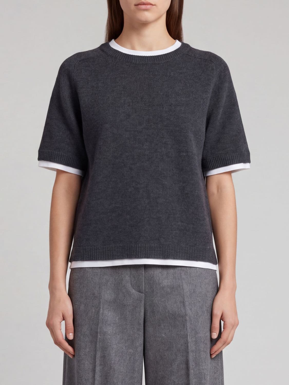 Semicouture Aida Short-Sleeved Wool and Cashmere Jumper with Contrast Trims