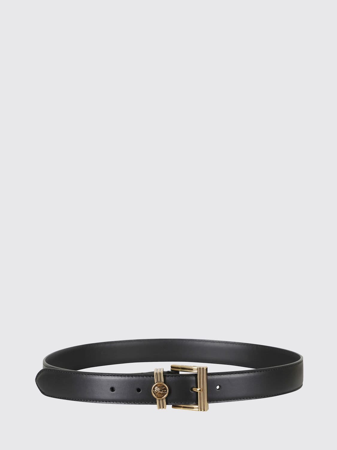 Etro Black Smooth Leather Belt with an Engraved Logo Metal Buckle