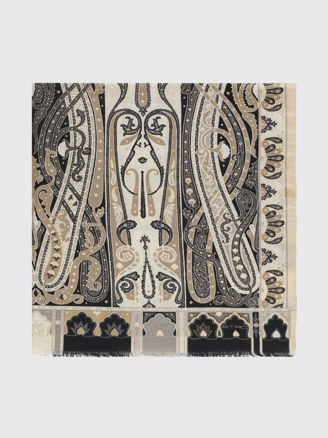 Etro Rectangular Paisley Print Wool and Silk Scarf with Fringed Edges