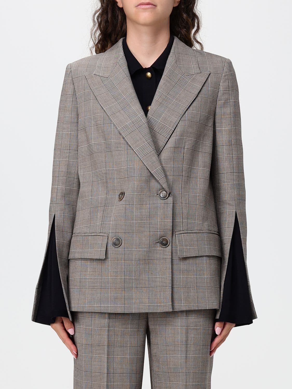 Twinset Double-Breasted Prince of Wales Check Wool-Blend Blazer