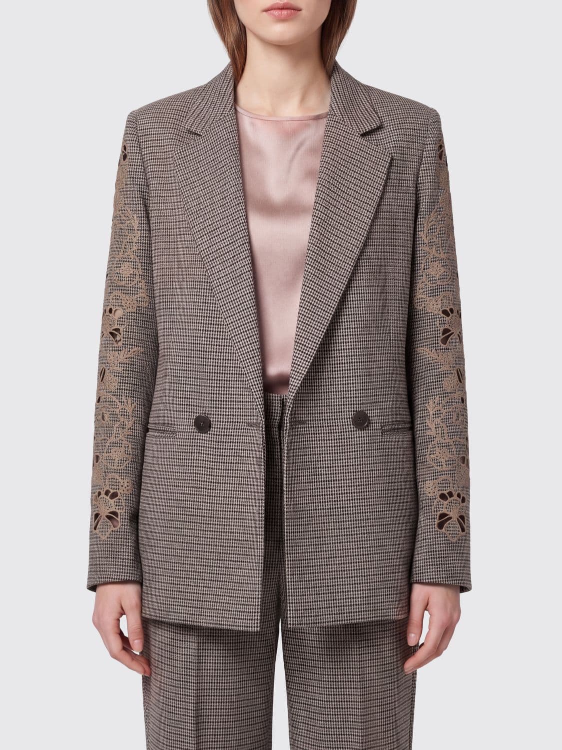 Twinset Houndstooth Double-Breasted Blazer with Peak Lapels