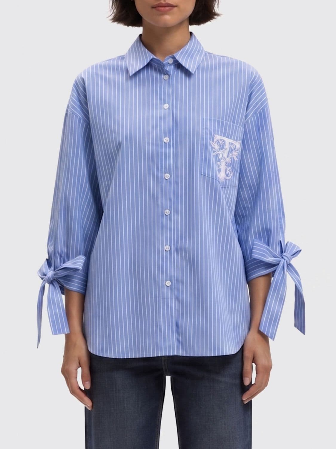 Twinset Striped Cotton Relaxed-Fit Shirt with Contrast Embroidered Logo
