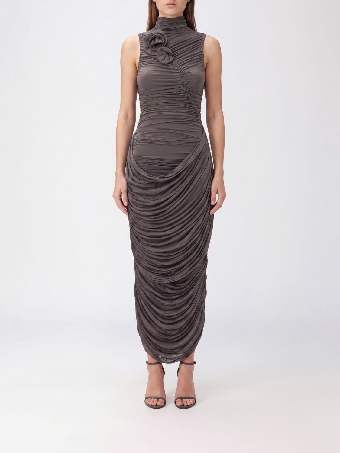 Magda Butrym Off-the-Shoulder Ruched Jersey Sheath Midi Dress with Flower