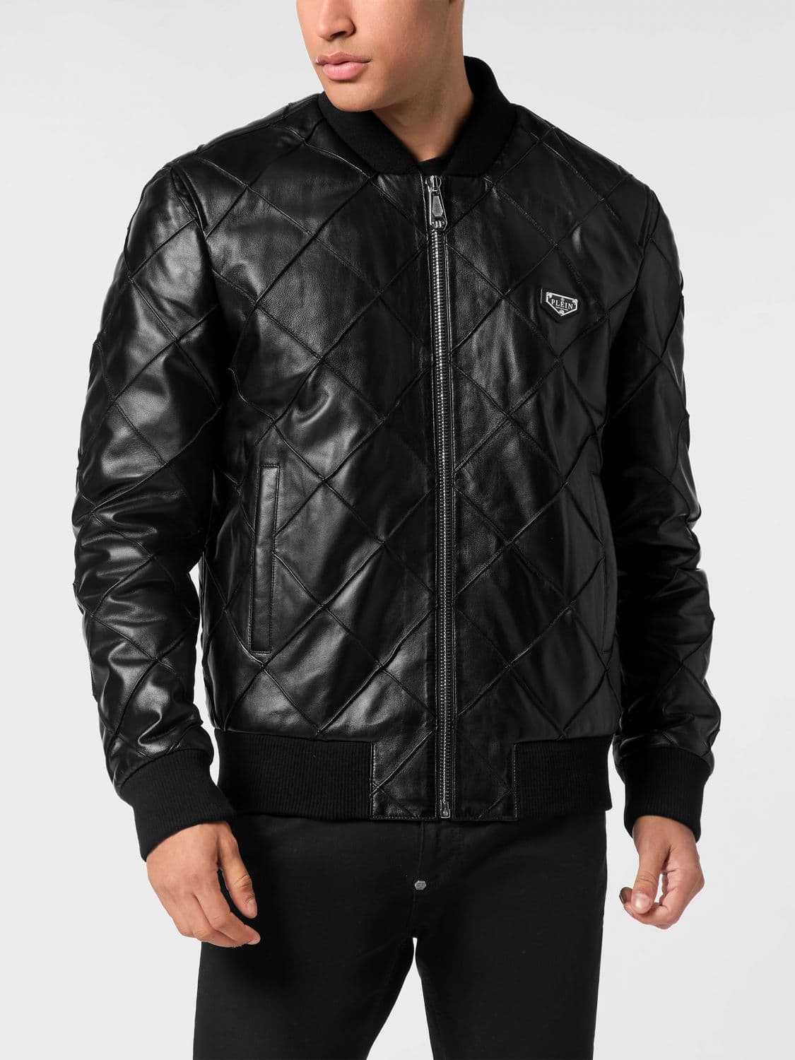 Philipp Plein Quilted Leather Bomber Jacket with Zip Closure and Applied Logo