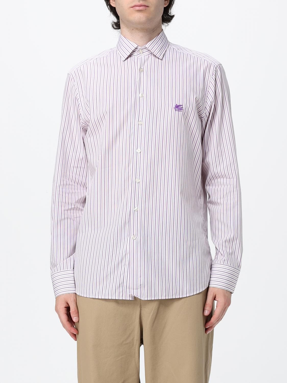 Etro Striped Cotton Poplin Shirt with Embroidered Cube Logo