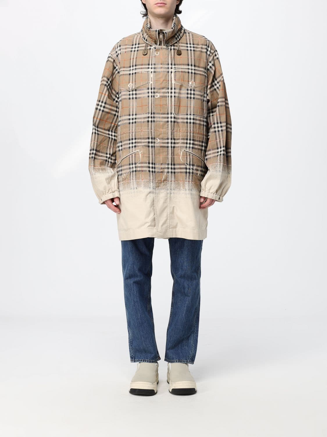 Burberry Knee-Length Cotton Gabardine Parka with Check Details