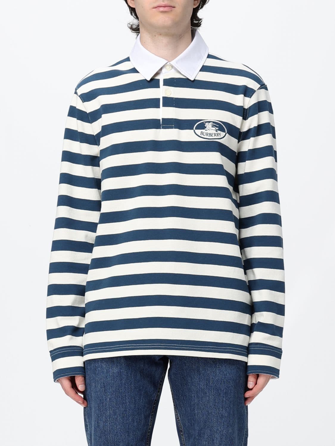 Burberry Striped Cotton Long-Sleeve Polo Shirt with EKD Logo