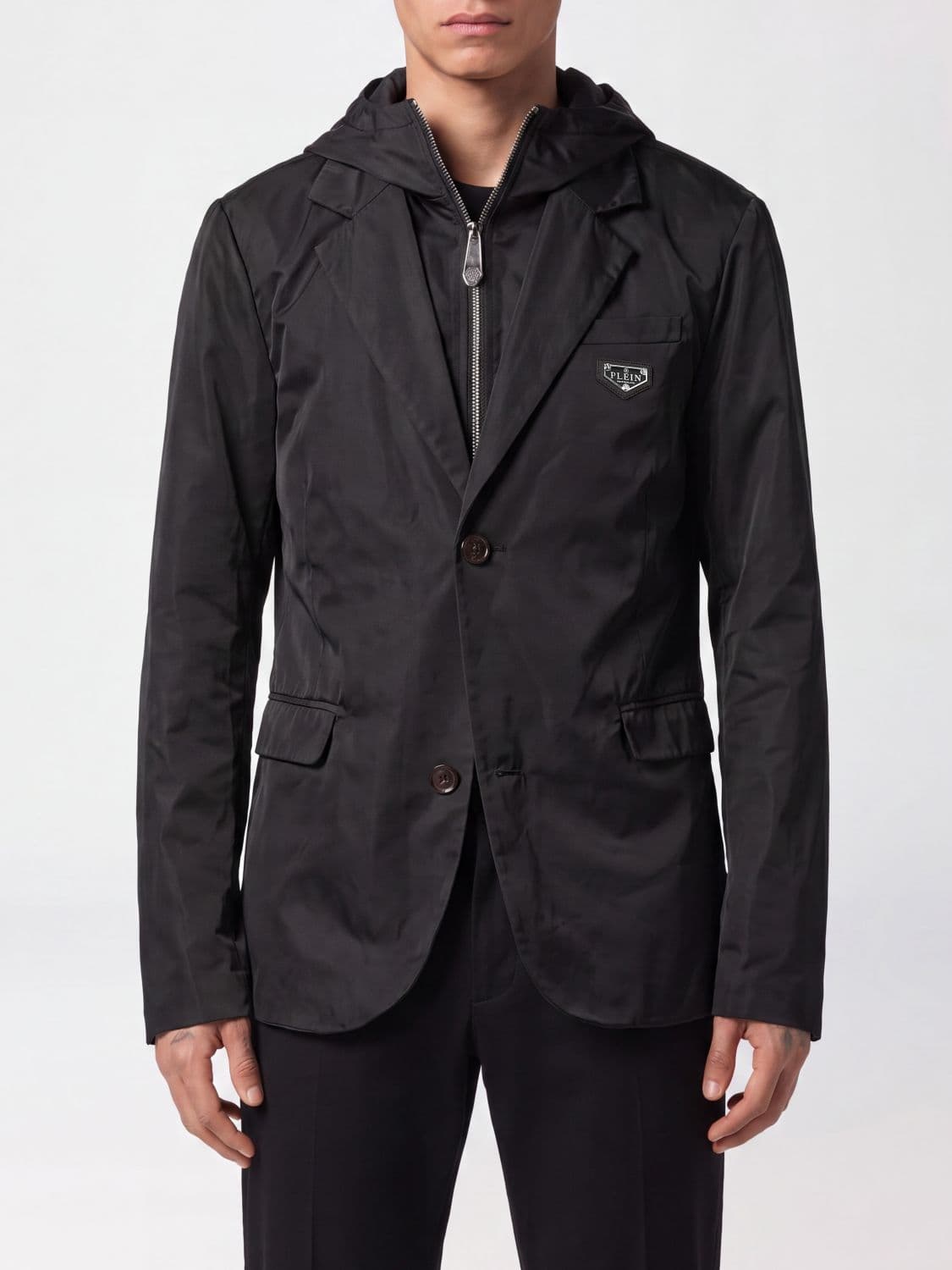 Philipp Plein Single-Breasted Polyester Blazer with Hood and Peak Lapels