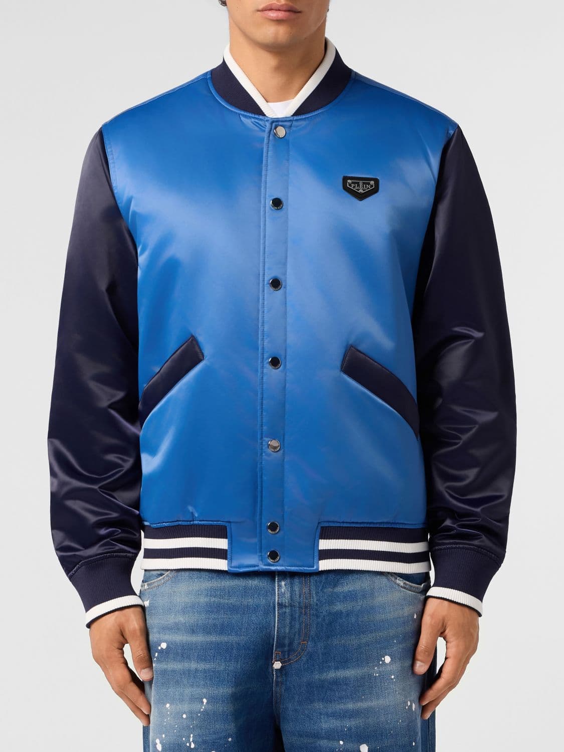 Philipp Plein Padded Satin Varsity-Style Bomber Jacket with Button Closure