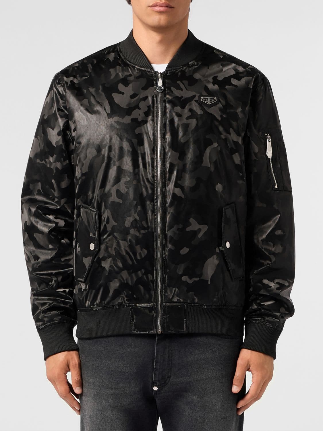 Philipp Plein Water-Repellent Nylon Bomber Jacket with Camouflage Pattern