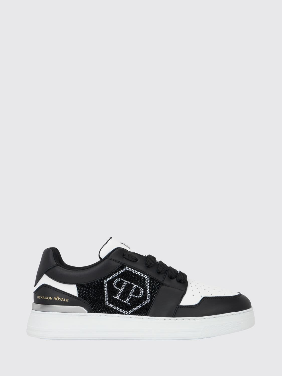 Philipp Plein Hexagon Royale Leather Sneakers with Rhinestone Hexagon Logo